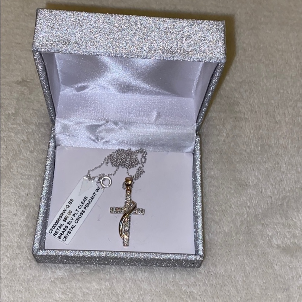 Brass Silver Plated Clear Crystal Cross Pendant Necklace